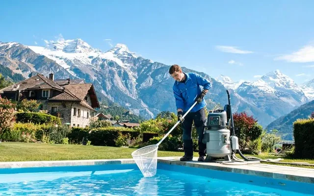 Technicien entretenant une piscine extérieure privée à Sion en Valais